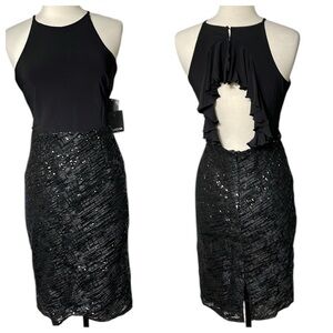 NWT Marina Dresses Sequined Ruffled Cut Out Back Cocktail Dress SZ 10 Black